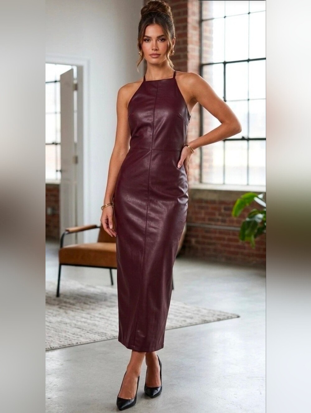Sleeveless Faux Leather Halter Midi Dress in Burgundy